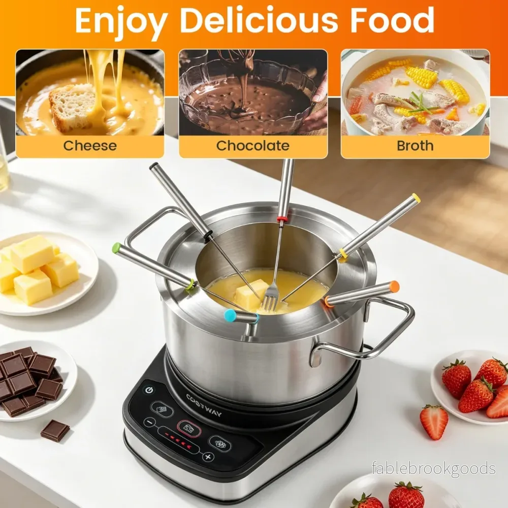 Elektriskt – fondue set 1200W med uttagbar 3L gryta i rostfritt stål – Svart och silver - Bild 3