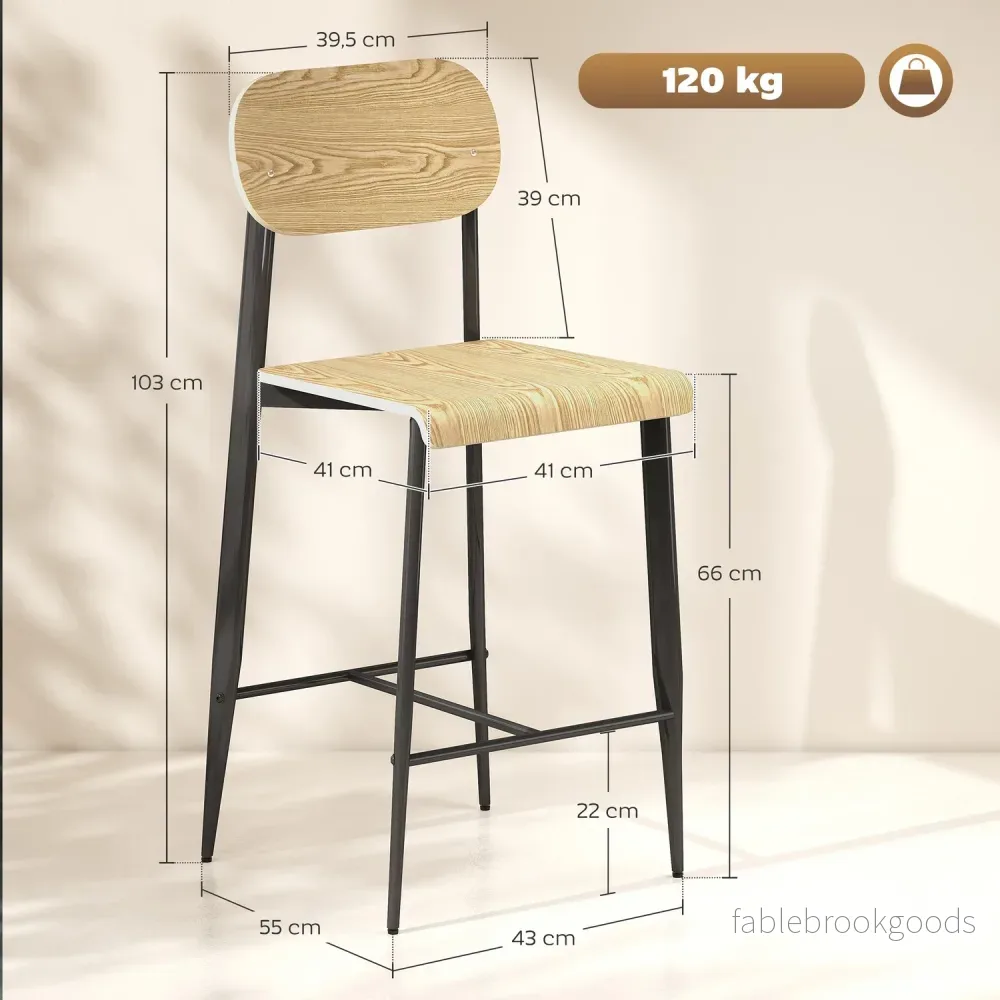 Set med 2 barstolar, barstolar med ryggstöd och metallram, trä, ljusbrun - Bild 3
