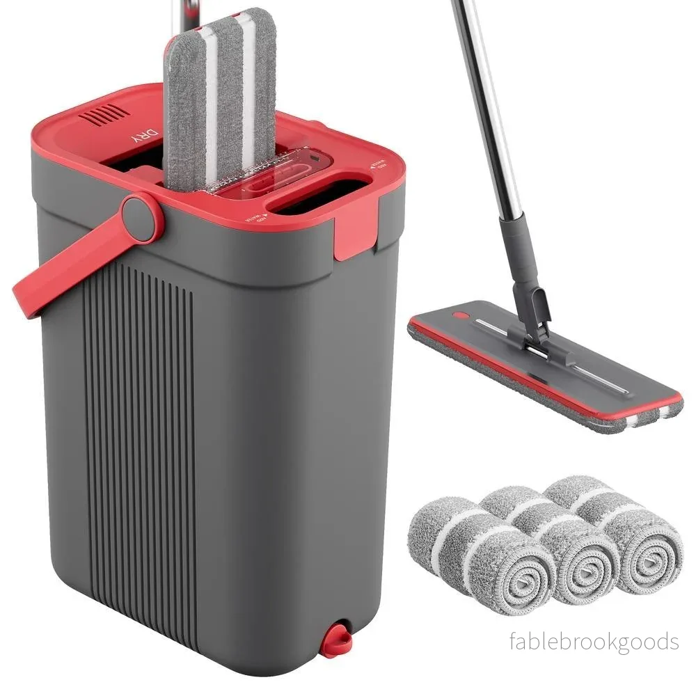 Dweilset met Emmer – 3 Microvezelhoezen – Gescheiden Waterkamers – Grijs-Rood Dweilset met Emmer – 3 Microvezelhoezen – Gescheiden Waterkamers – Grijs-Rood