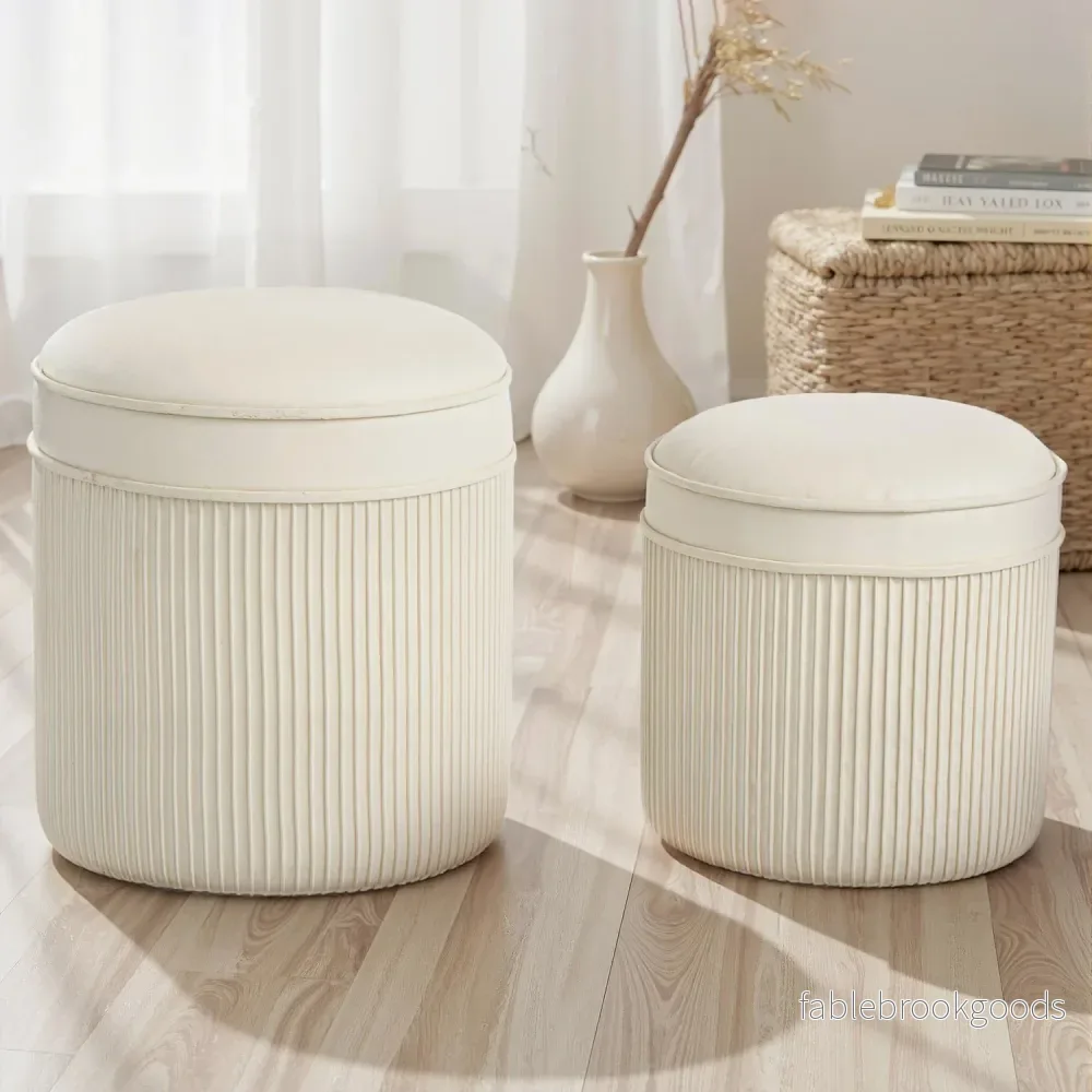 Set med 2 förvaringsfotpallar, rund sammet, krämfärgad, 36x36x41,5 cm - Bild 2