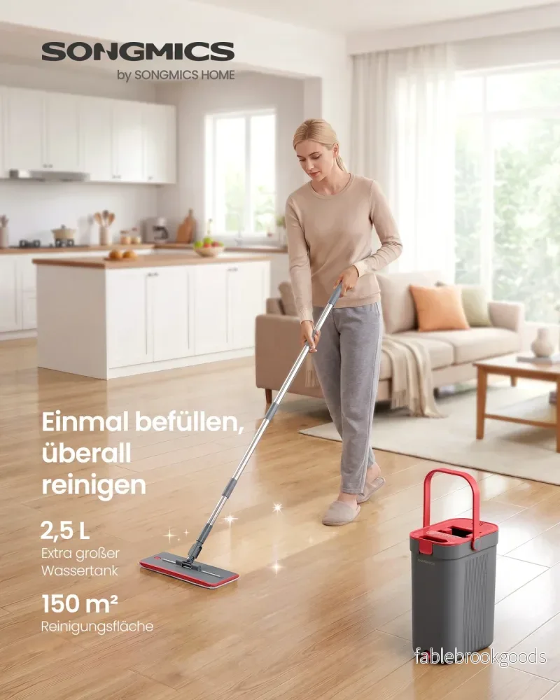 Dweilset met Emmer - 1 Microvezelhoes - Gescheiden Waterkamers - Grijs-Rood - Bild 2