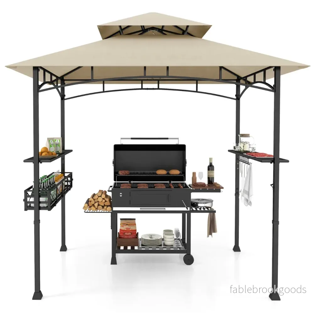 Grillpaviljong – med dubbelt tak och sidohyllor metallkorg Grillöverdrag Grillskydd – Beige