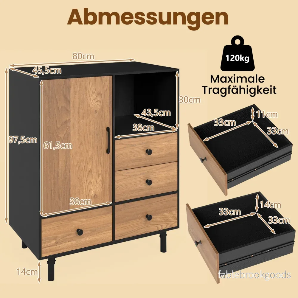 Buffet – sidobord medeltida modern förvaringsskåp med lådor och öppen hylla – 4 – Svart - Bild 2