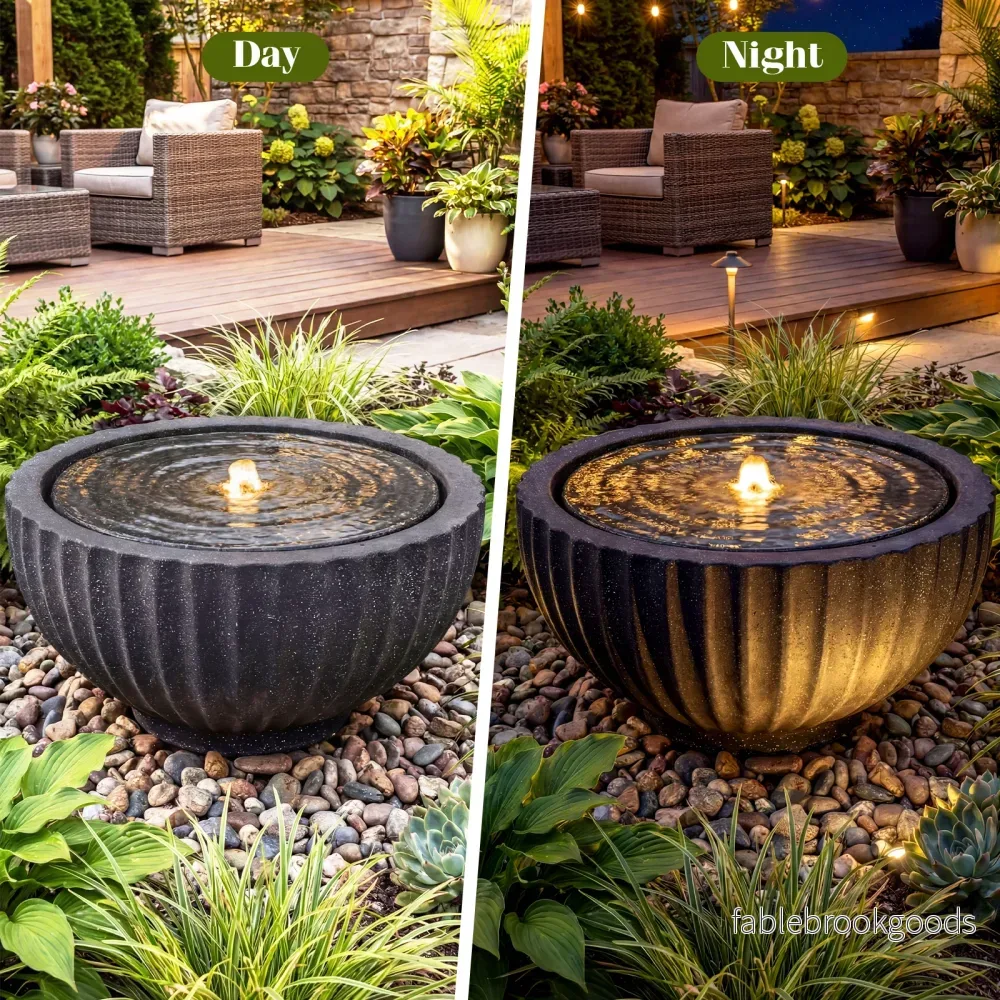 Trädgårdsfontän – rund springbrunn med LED belysning liten terrassfontän stensimuleringsfinish – Svart - Bild 3