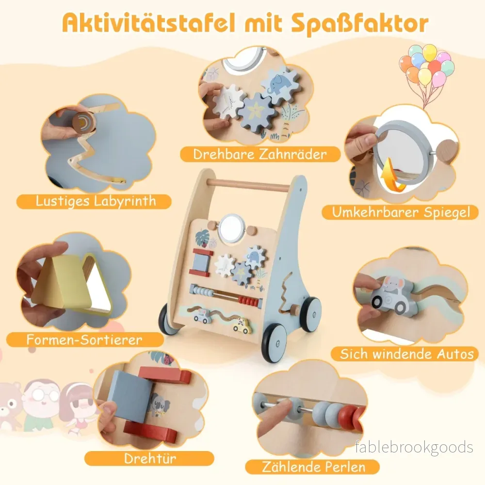 Baby – Walker i trä med Multi Activity Learning Center Montessori Push – Blå - Bild 3