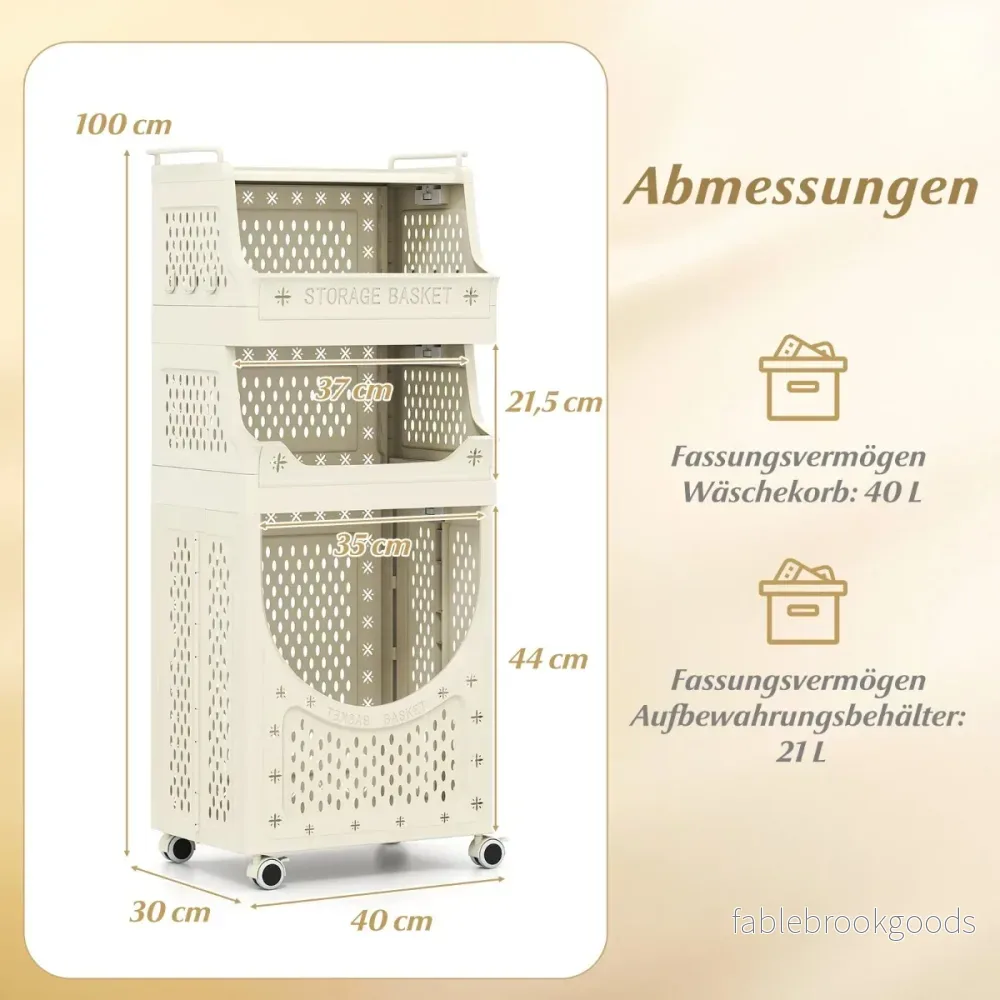stegs – tvättvagn, hopfällbar tvättkorg med låsbara hjul, korgar, krokar – 4 2 6 – Beige - Bild 2
