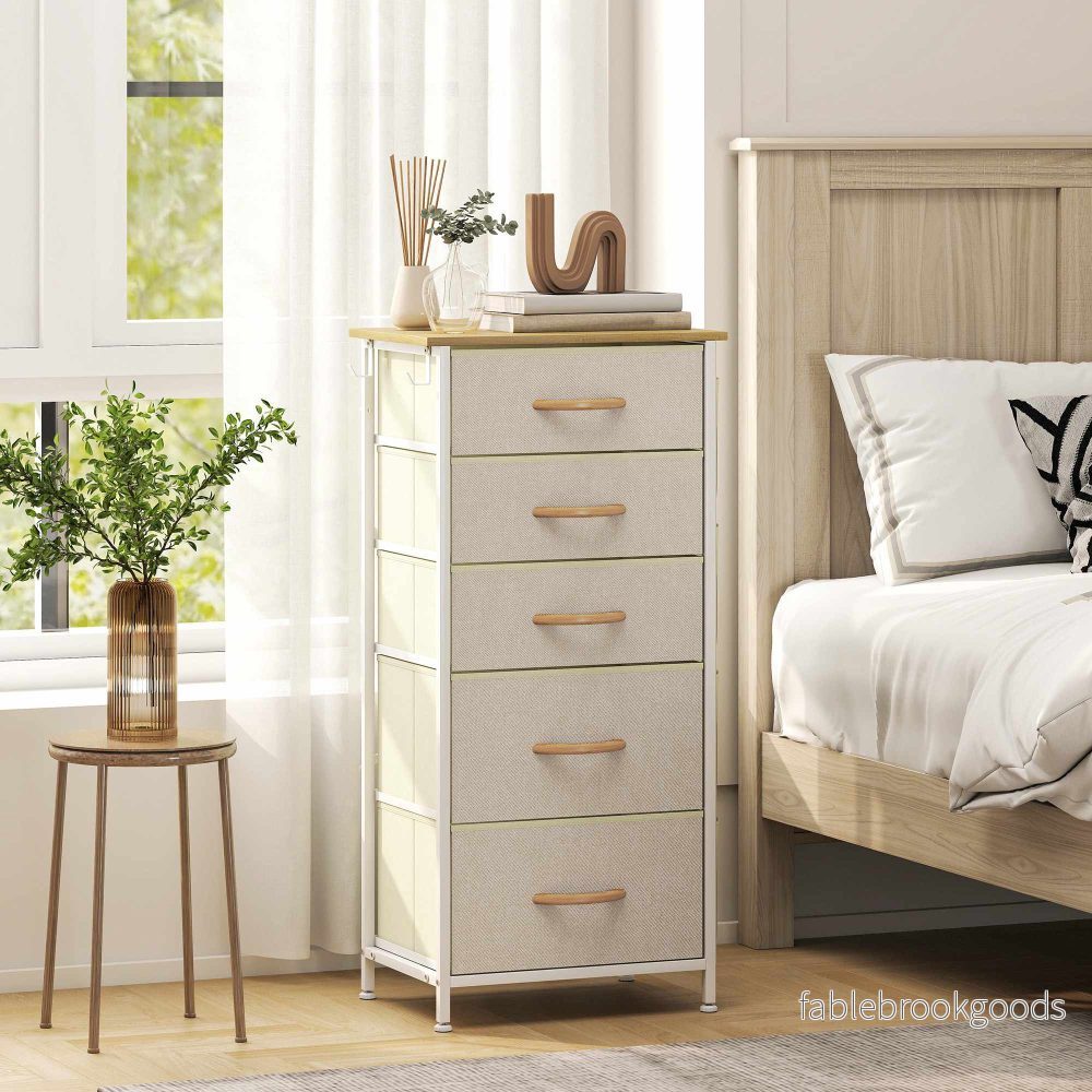 Sovrumsbyrå med 5 tyglådor, stålram, beige - Bild 2
