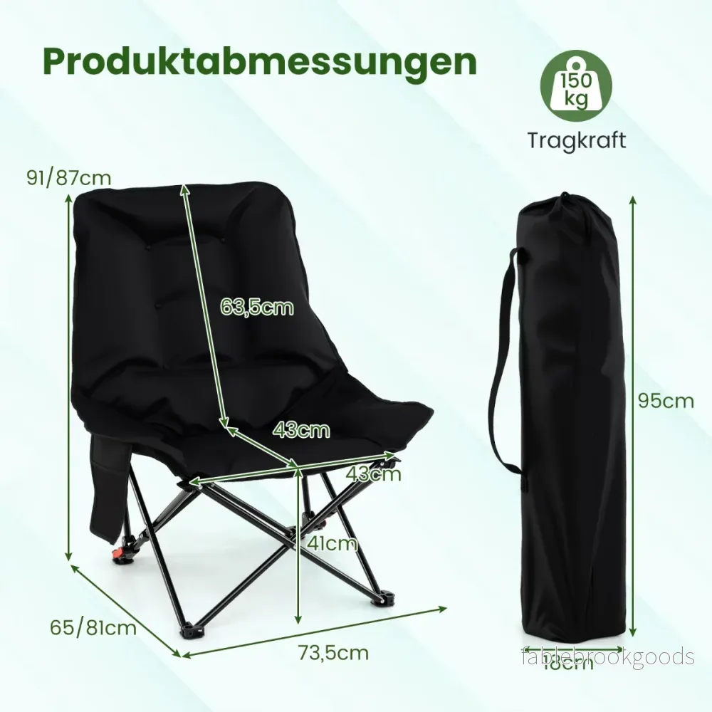 Fällbar – campingstol med justerbart ryggstöd och sidoficka, vadderad – Svart - Bild 2
