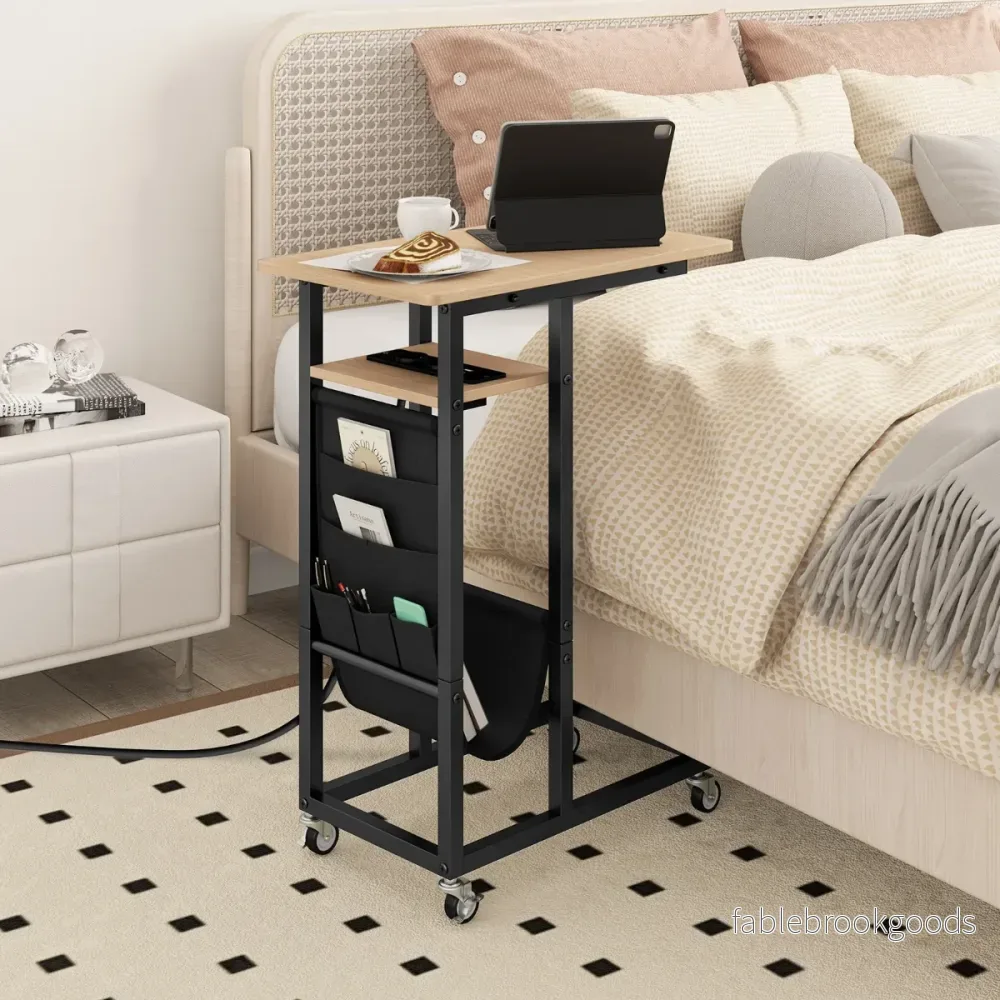 C – formad sidobord med laddstation och utdragbar bordsskiva sidoficka soffbord – Grå - Bild 3