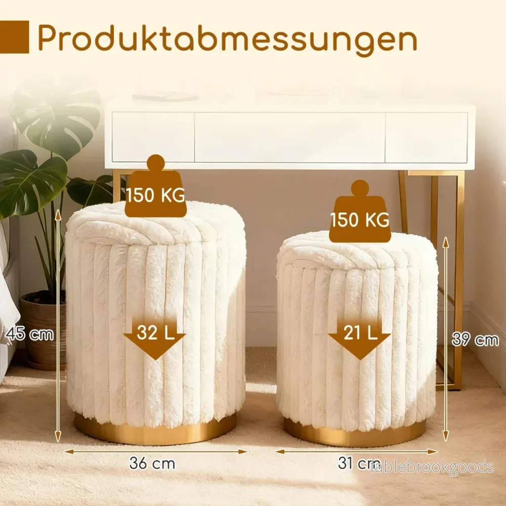 Modernt – ottomanset med st. + runda pallar kaninpälsöverdrag och avtagbara lock – 2 32 L 21 L – Beige - Bild 2