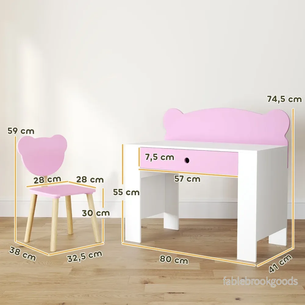 Barnskrivbordsset, björnformat skrivbord och stol med låda, för att skriva och pyssla, 3-8 år, rosa - Bild 3