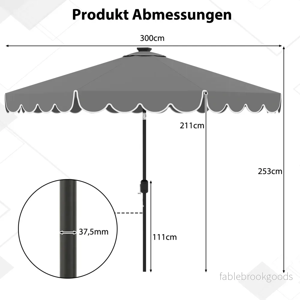 Parasoll – med LED belysning, trädgårdsparasol vev och volang, kan vinklas 35° på båda sidor – 300 cm – Grå