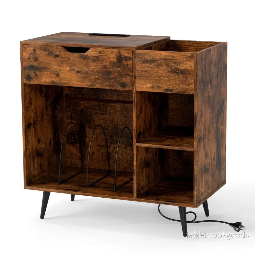Skivspelaresstativ – Skivskåp med uttag och USB typ C – 79,5 x 40 x 79 cm – Rustik brun