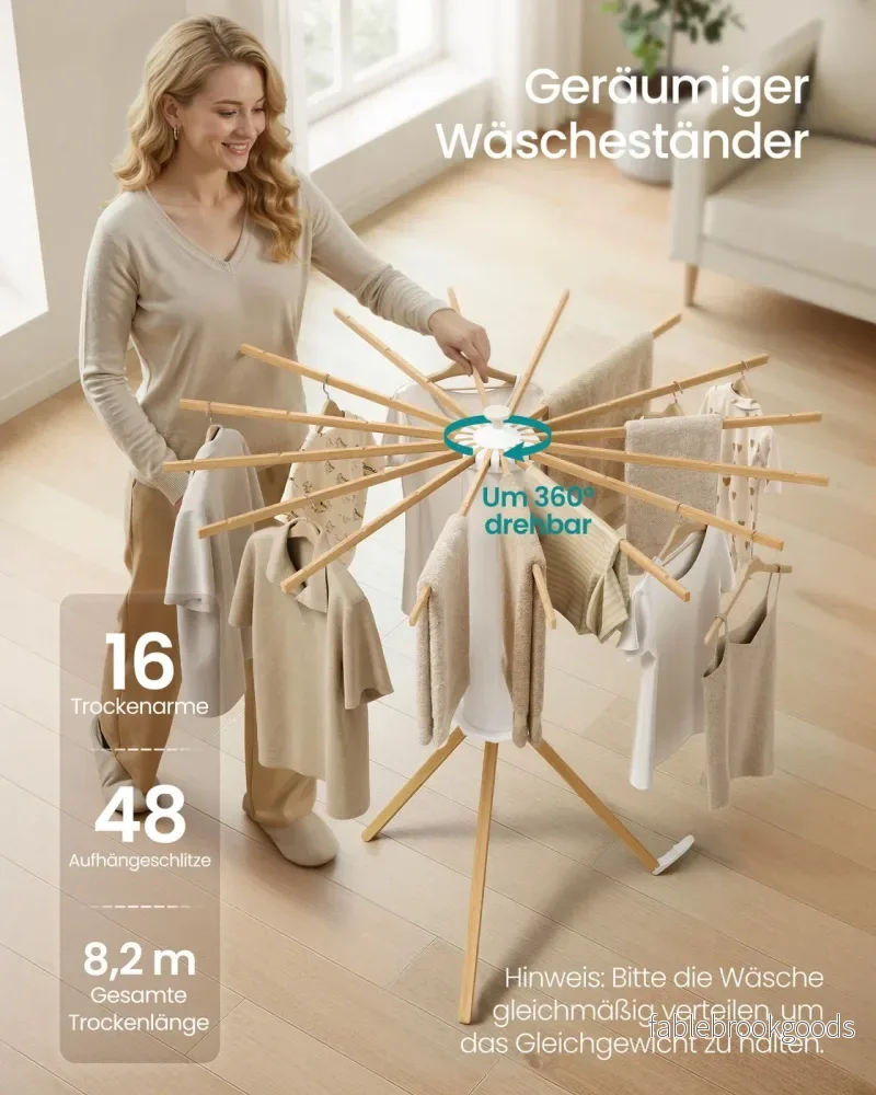 Wasdroogrek - 112 x 112 x 122 cm - Opvouwbaar, draaibaar, uitschuifbaar - Natuurlijke kleur - Maximale draagcapaciteit: 24 kg - Bild 3
