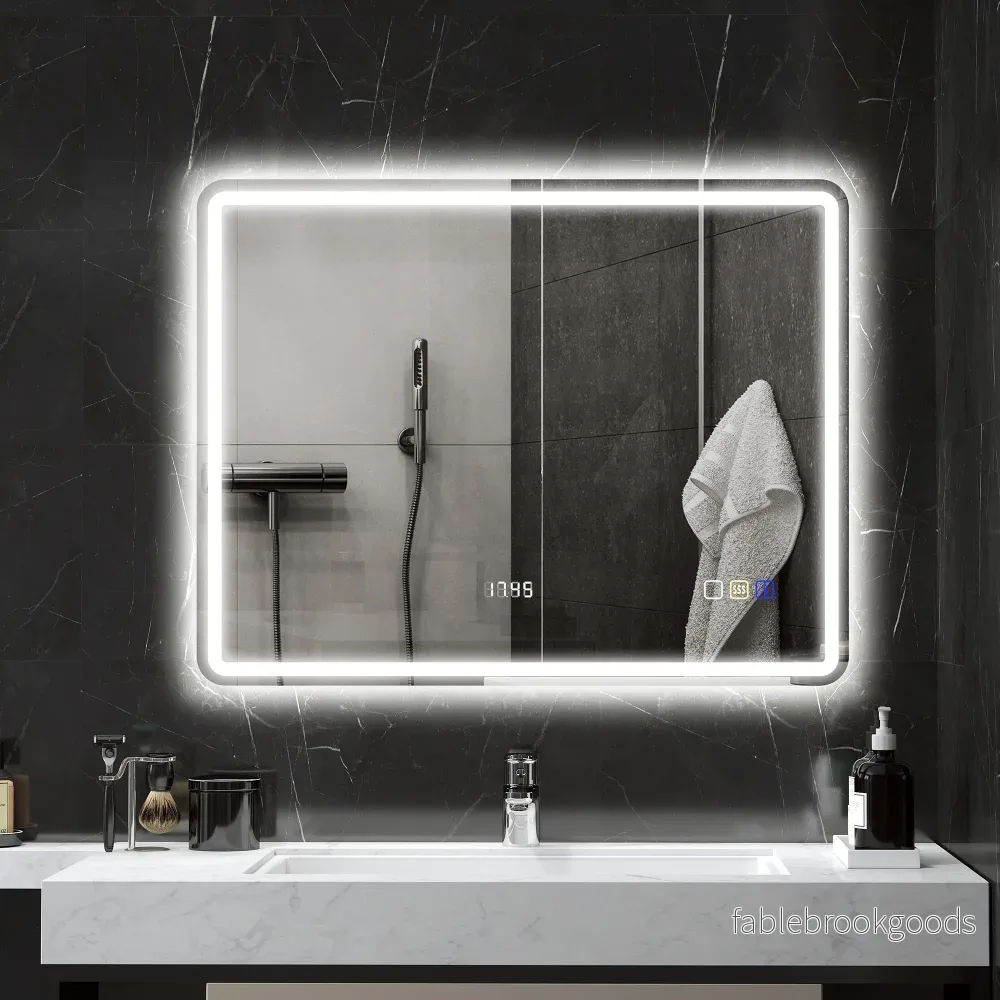 Badrumsspegel med LED-belysning, anti-dimdyna, 3 justerbara färger, klocka, 700 x 900 mm, silver - Bild 2