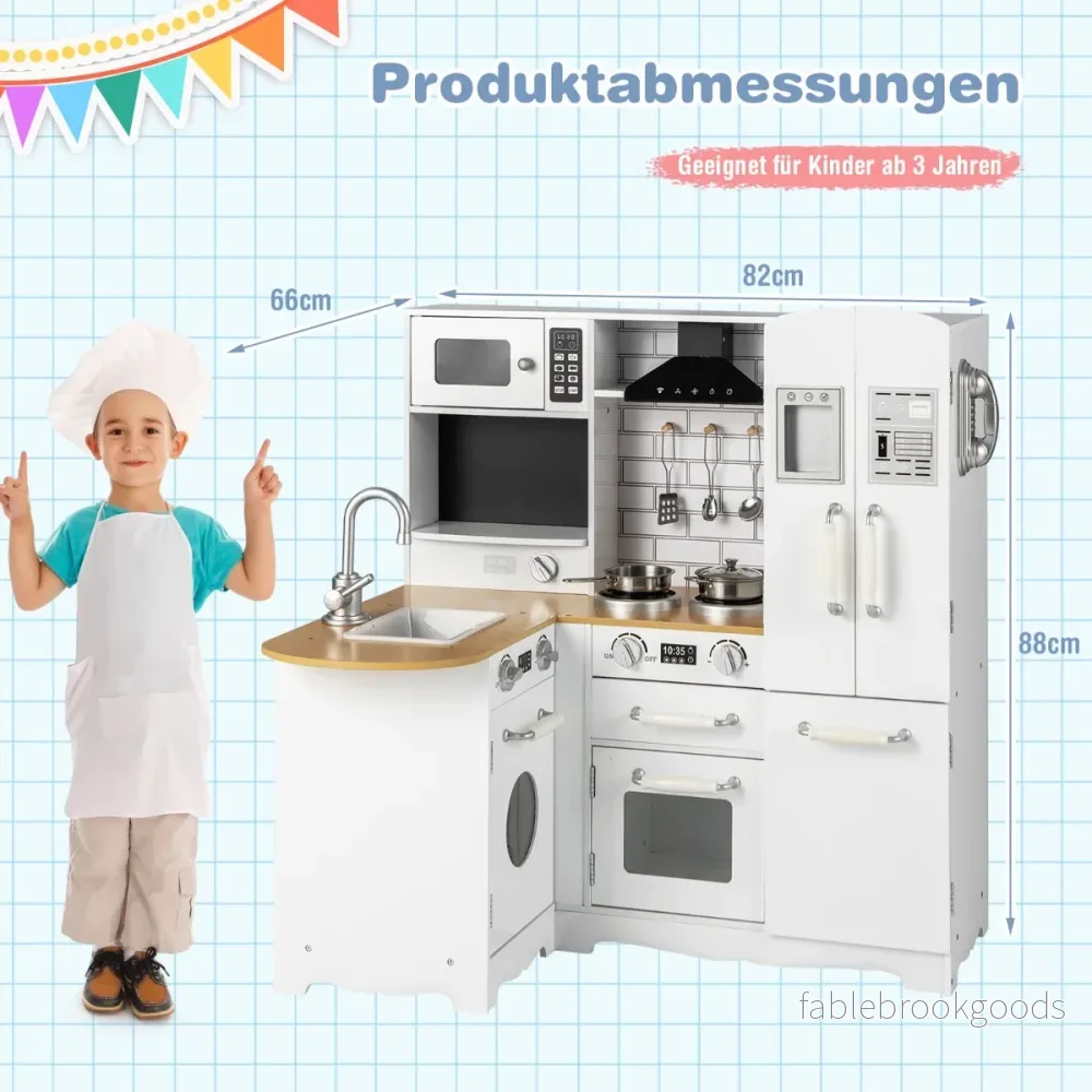 Hörnkök – Lekset för barn Trä Lek kök med spis – 82 x 66 x 88 cm – Vit - Bild 3