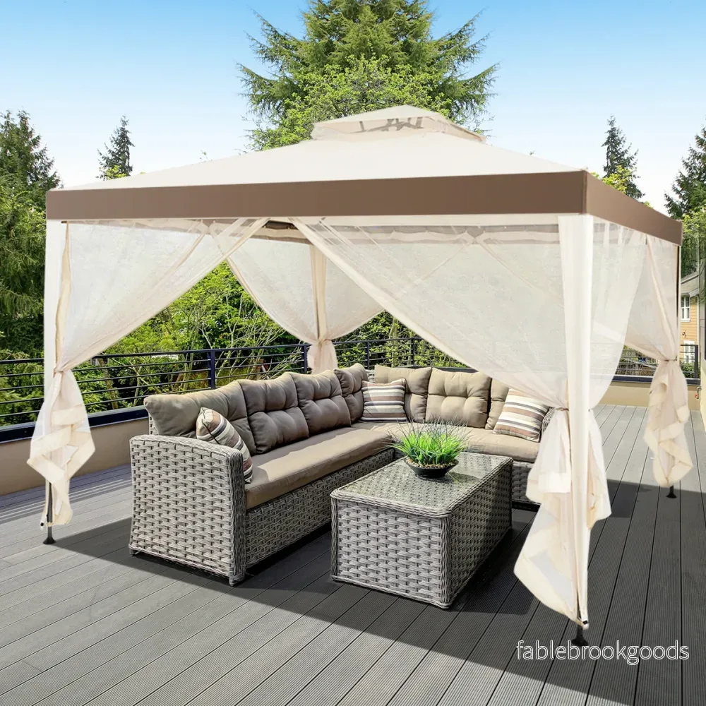 Trädgårdspaviljong – Trädgårdstält Camping Partytält med sidoväggar – 4 300 x 300 x 265 cm – Beige - Bild 3