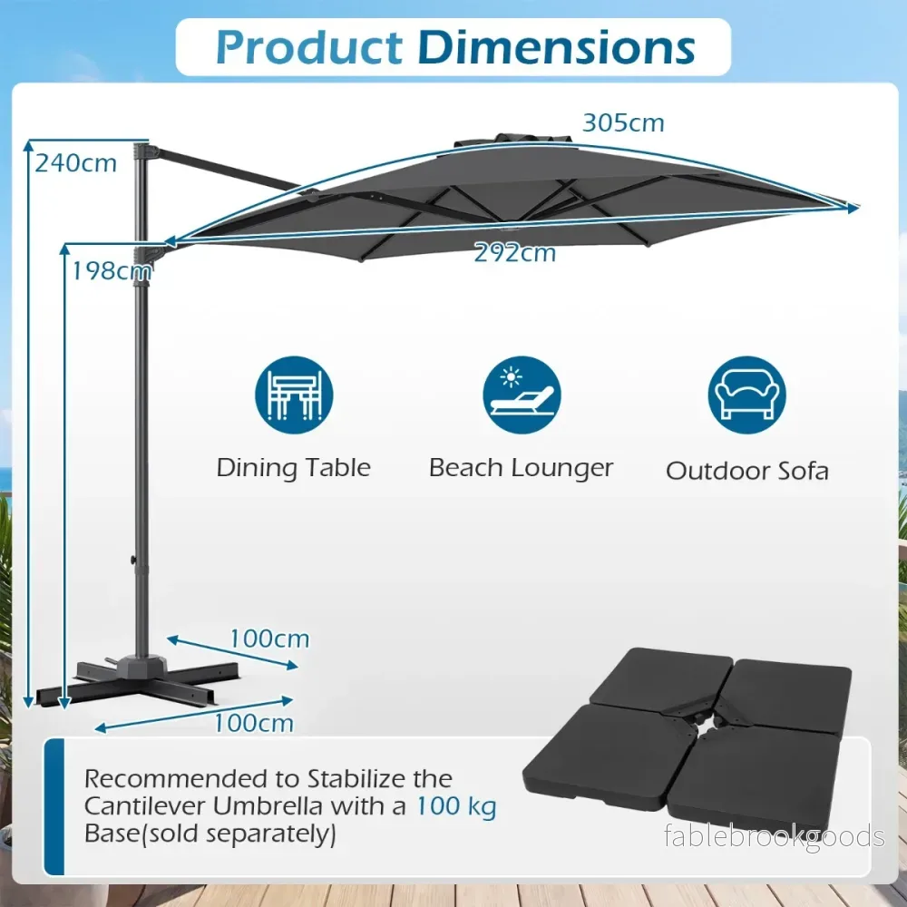 Solskärm – Uthängd med 360° Rotation Ventilationsöppning Korsfot Vev – 3 m – Grå - Bild 2