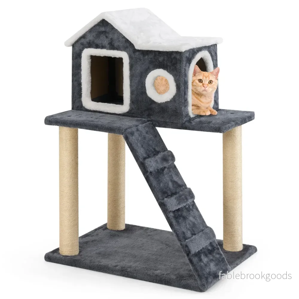 Hög – skrapstolpe med stor grotta och stege sisalstolpar Cat Tree Climbing – 90 cm – Grå