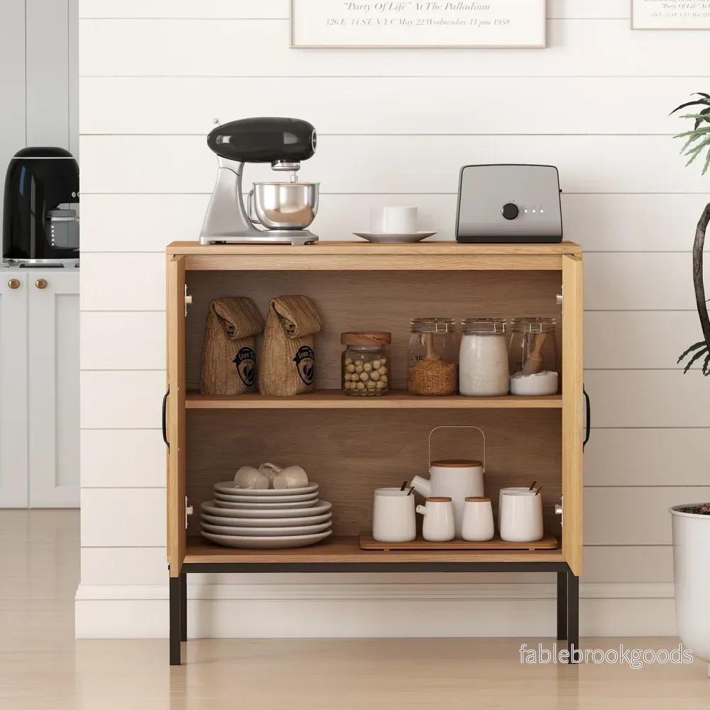 Rattan – Skåp med faldigt justerbart hyllsystem och dörrar Boho Buffé Accent – 3 2 – Natur - Bild 3