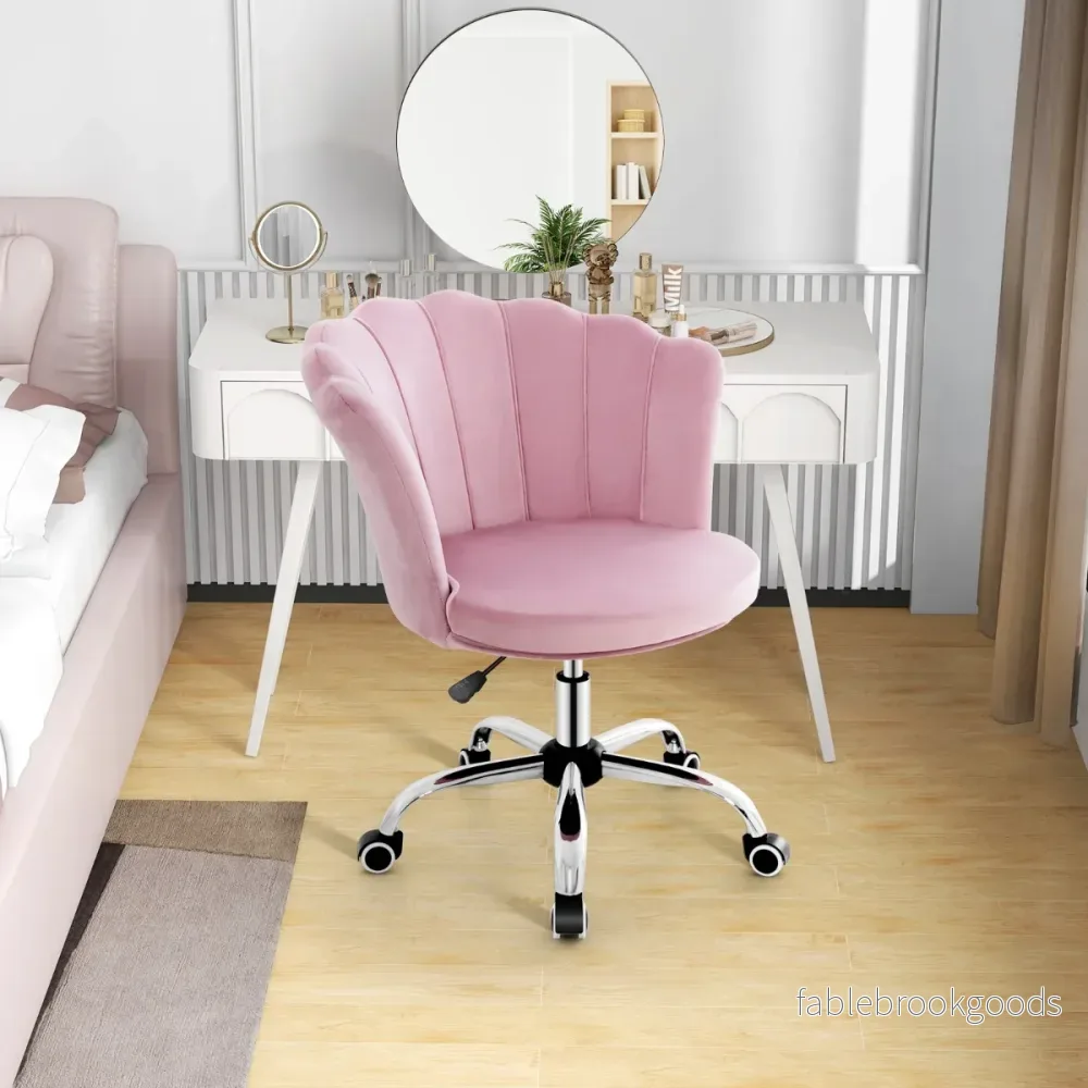 Höjdjusterbar – kontorsstol i sammet med hjul och ergonomisk design datorstol – Rosa