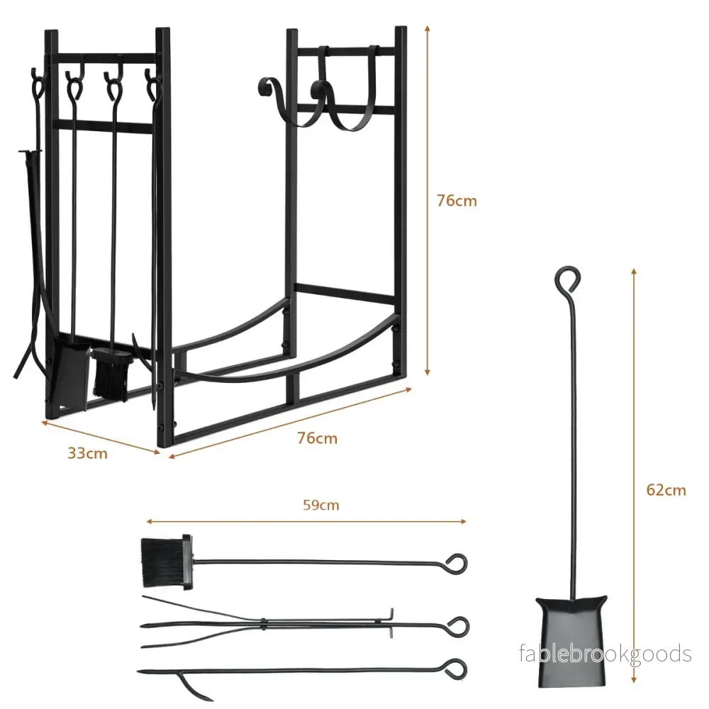 Robust – vedställ i metall och verktygsset vedhållare med spade – 76 x 33 x 76 cm – Svart - Bild 2