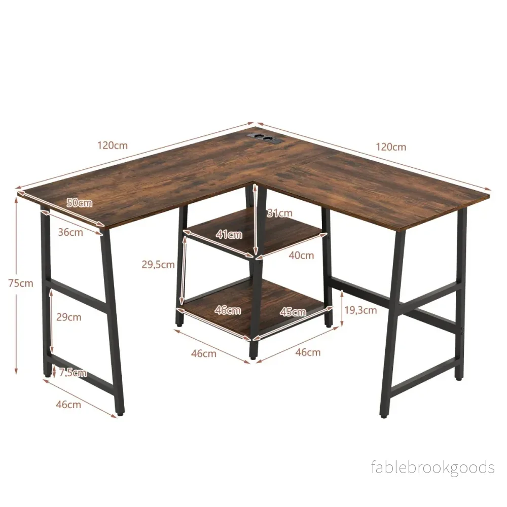 Skrivbord – L format med uttag och USB portar rustikt brunt – 120 x 120 x 75 cm – Rustik brun - Bild 2