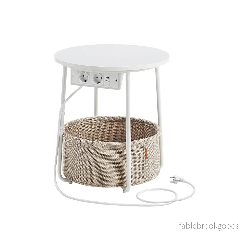 Sidobord – Med laddstation och korg – Vit Sidobord – Med laddstation och korg – Vit