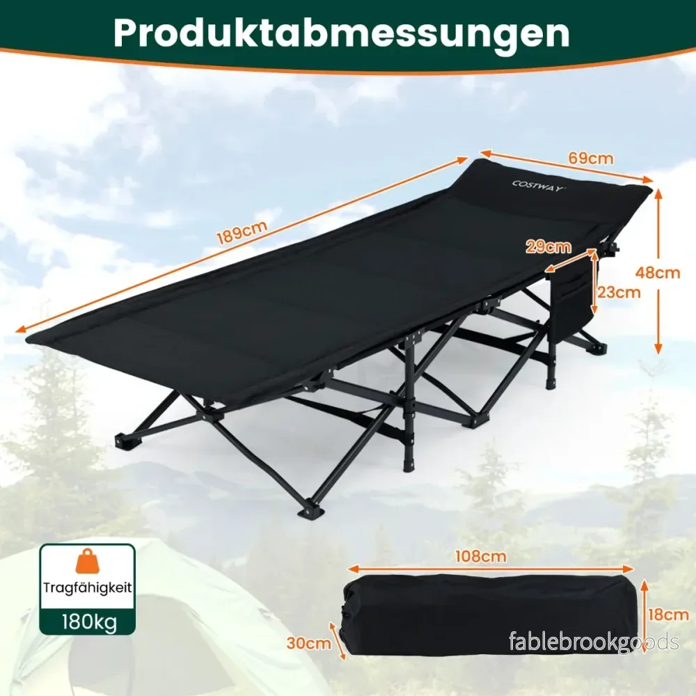 Fällbar – fältbädd för vuxna Campingbädd med punkts stödsystem Sidficka och bärväska – 10 – Svart - Bild 2