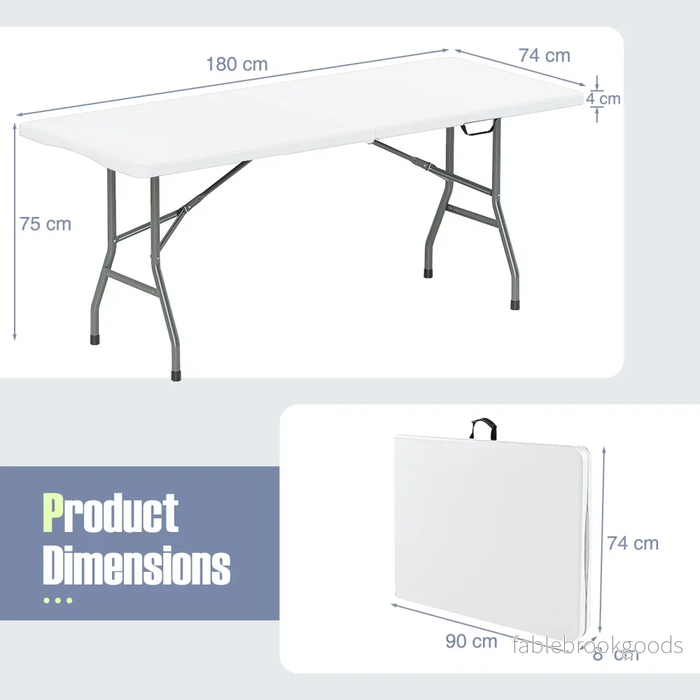 Trädgårdsbord – Campingbord hopfällbart Fällbord med HDPE bordsskiva och bärhandtag – 180 x 74 cm – Vit - Bild 2