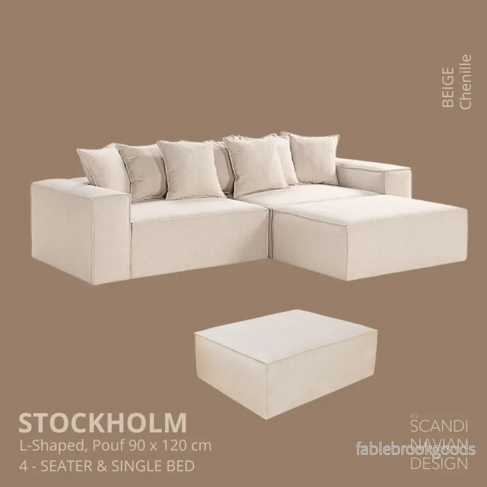 Stockholm L- Shaped sofa/single bed Chenille Beige removable & washable cover