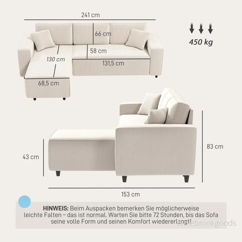 3-sits sektionssoffa med vändbar schäslong, krämfärgad manchester - Bild 3