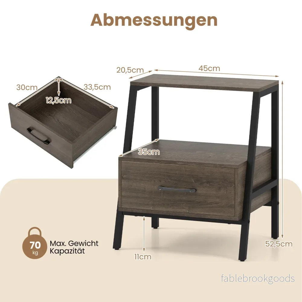 Nattduksbord – med låda Sido öppen hylla och metallram Soffbord Nattkommod för vardagsrum – 45 x 35 x 52,5 cm – Grå - Bild 2
