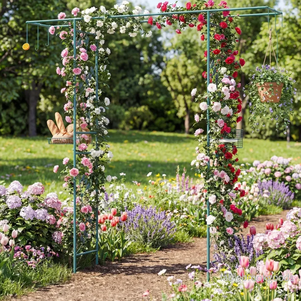 Trädgårdsbåge – med matstation, robust vattenskål, gallerbricka, fettmatare – 213 cm – Grön - Bild 3