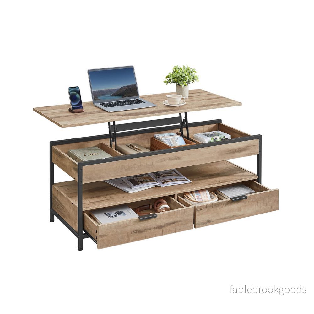 Soffbord med lådor – Justerbar höjd – Kamelbrun och bläcksvart Soffbord med lådor – Justerbar höjd – Kamelbrun och bläcksvart