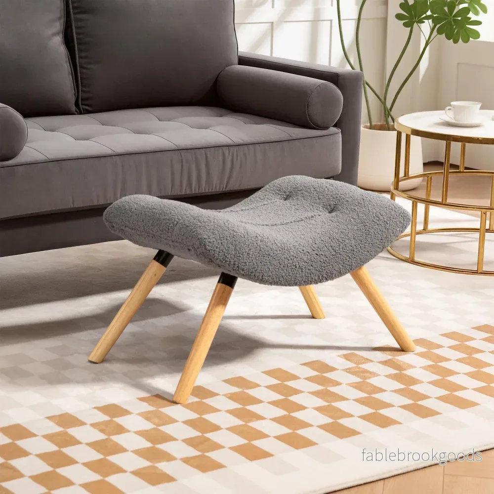 Modern fotpall med fleeceöverdrag, träben, mörkgrå - Bild 2