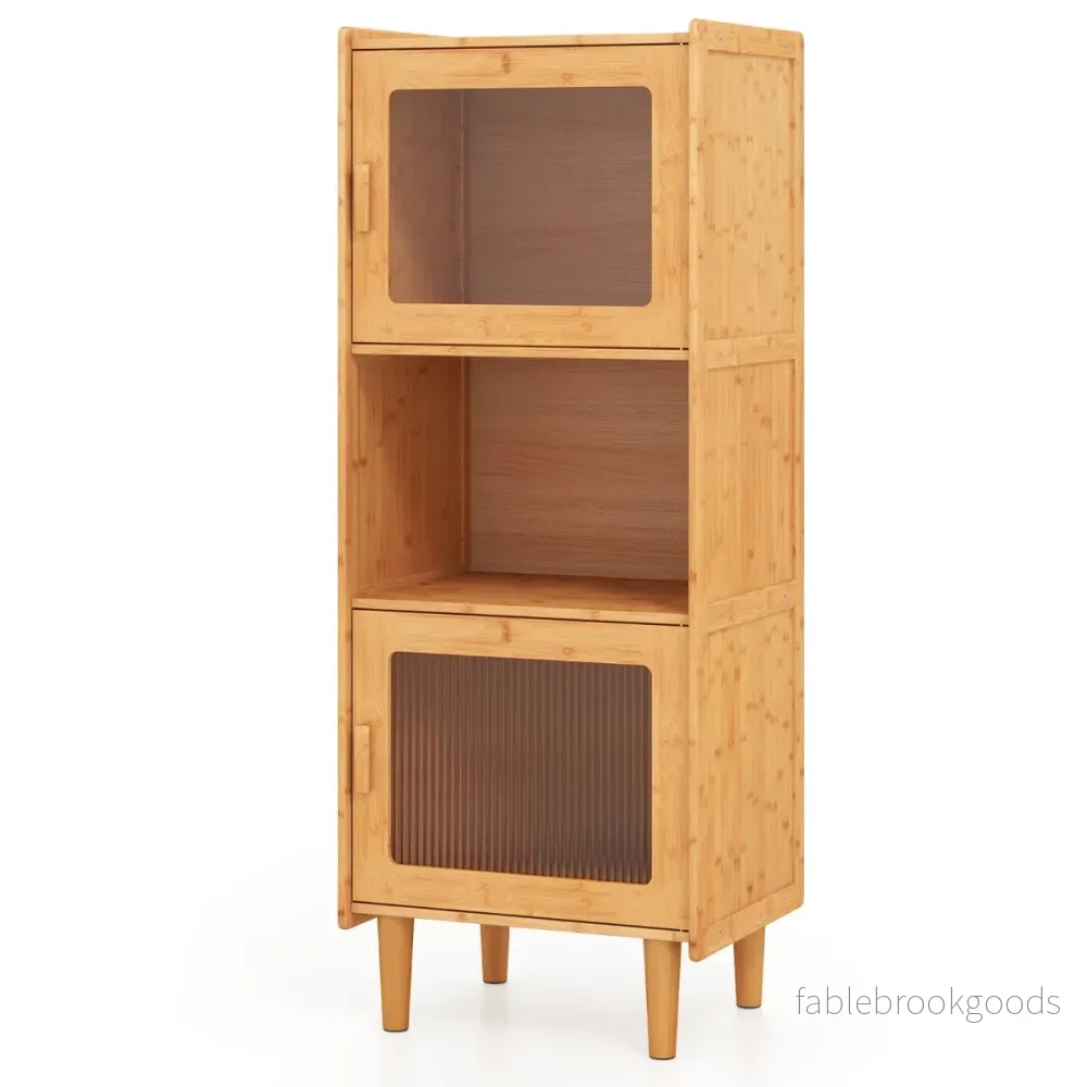 Bambu – köksskåp vånings bufféskåp med akryldörrar – 3 2 49,5 x 40 x 130 cm – Natur