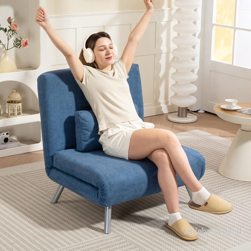 Klädd fåtölj med sängfunktion, 2-i-1 design, sovfåtölj, gästsäng, tygöverdrag, med dyna, blå - Bild 2