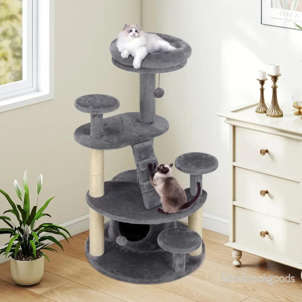 Liten – klösträd med kattgrotta och boll stege trä – Grå - Bild 3