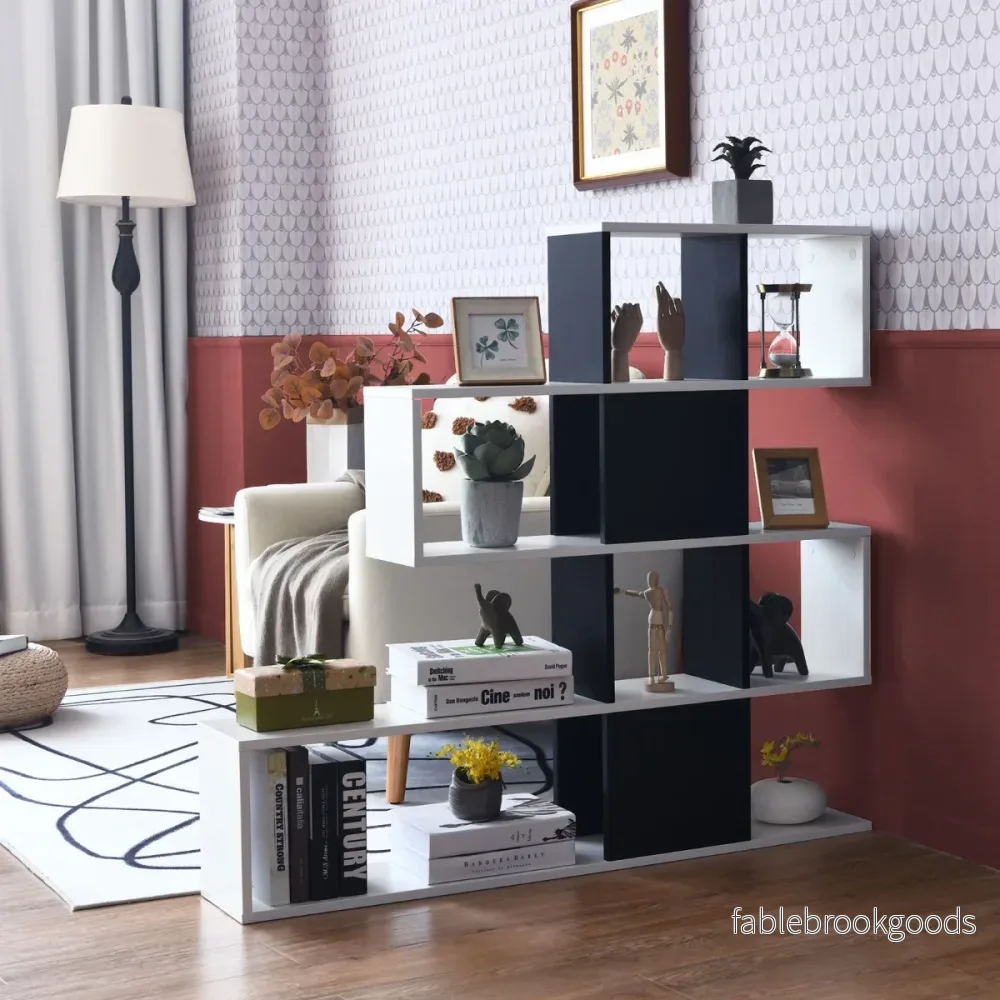 Modern – rumsavdelare i trä i våningsstil för böcker och – 5 120 x 19,5 x 109 cm – Svart och vit
