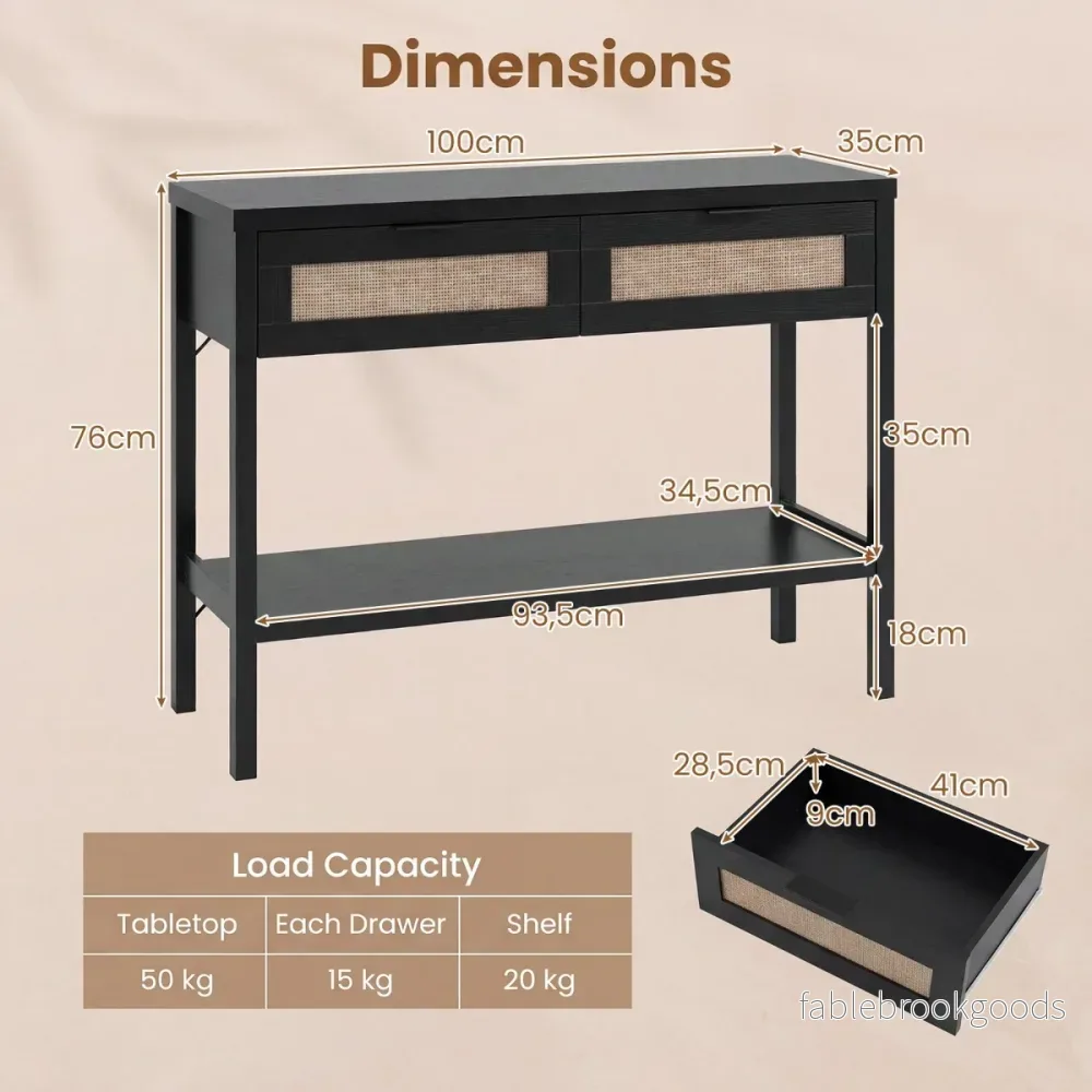 Konsolbord – Sidobord med Öppen Hylla och Lådor Soffbord Rattanoptik – 2 – Svart - Bild 2