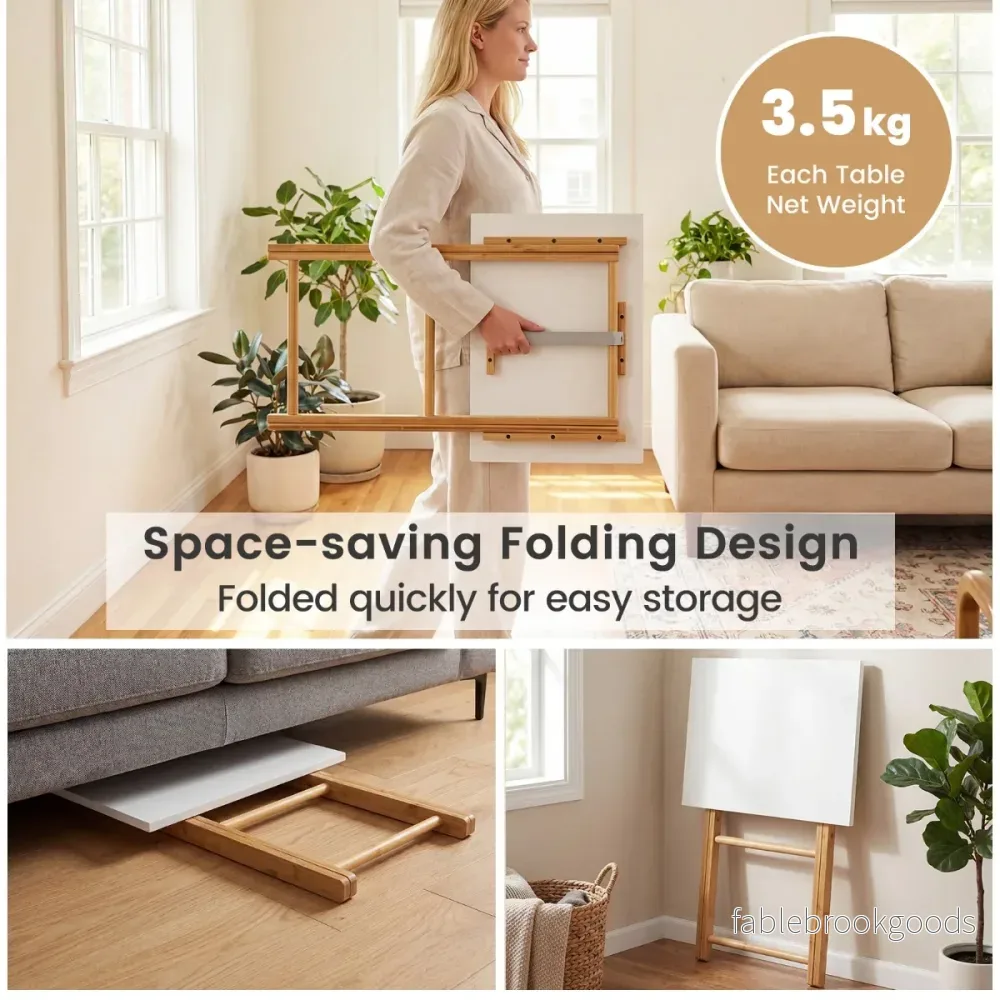 pack – hopfällbara TV brickor i bambu Bärbart sidobord, och – 2 – Natur + vit - Bild 3
