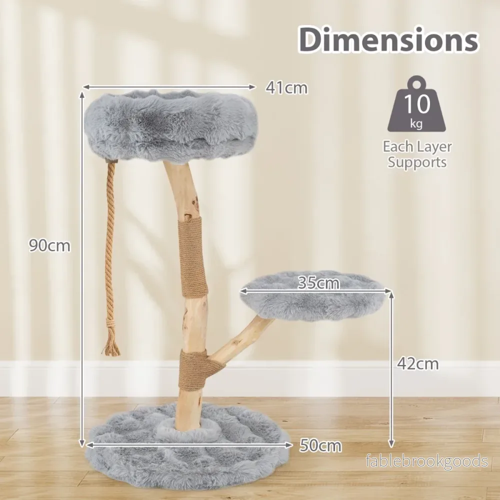 Massivt – trä kattpinn med plyschsittytor, rep och repstolpe, kattträd, katttorn – 3 90 cm – Grå - Bild 2