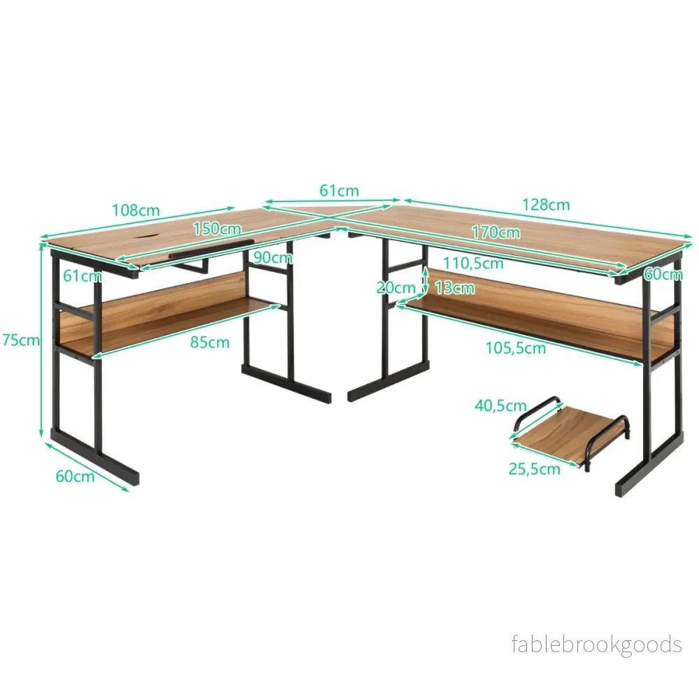 L – format skrivbord med tippbar bordsskiva nedre bokhylla och CPU stativ ritbord datorbord – 170 x 150 x 75 cm – Valnöt - Bild 2