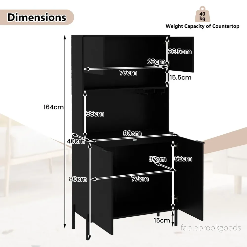 Köksskåp – med Laddningsstation hög Vinskåp Vinglas Hållare Buffé Sideboard – 164 cm – Svart - Bild 2