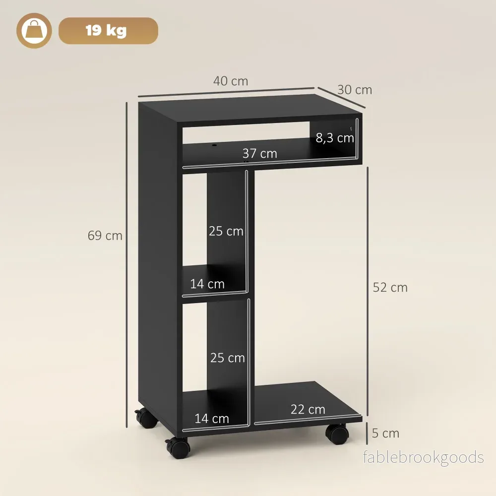 C-format sidobord med hjul, 3 hyllor, 40x30x69 cm, svart - Bild 3