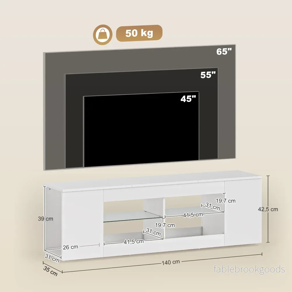 TV-bänk med 6 hyllor, 2 glashyllor, 140 cm, vit - Bild 3