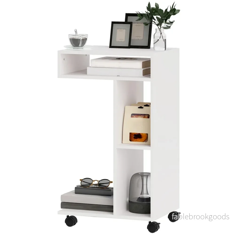 Vitt soffbord med hjul – 4-hyllad flerfunktionsskrivbord Vitt soffbord med hjul – 4-hyllad flerfunktionsskrivbord
