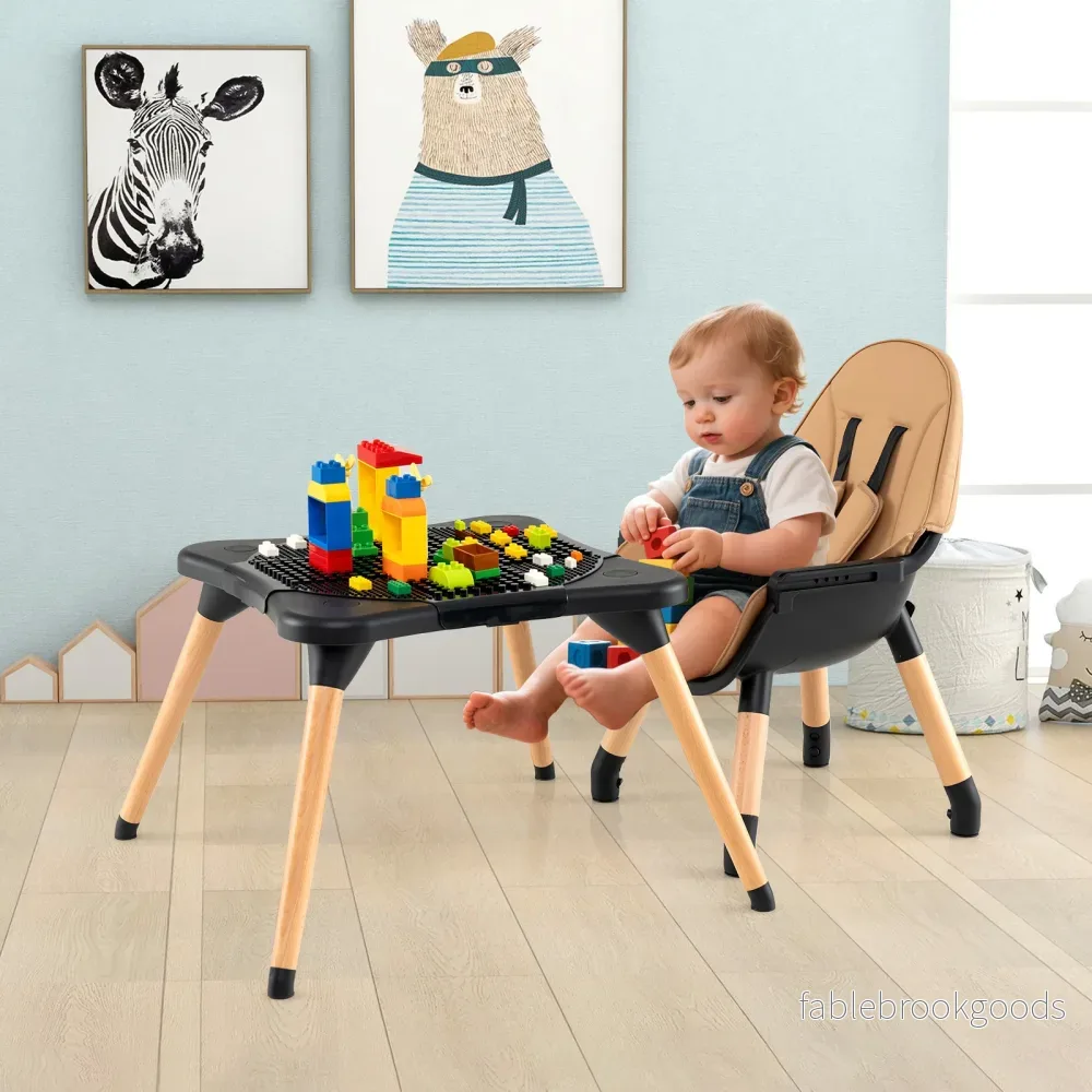 i – Baby hög stol med byggsten bord och avtagbart dubbelbricka – 6 1 – Brun - Bild 3