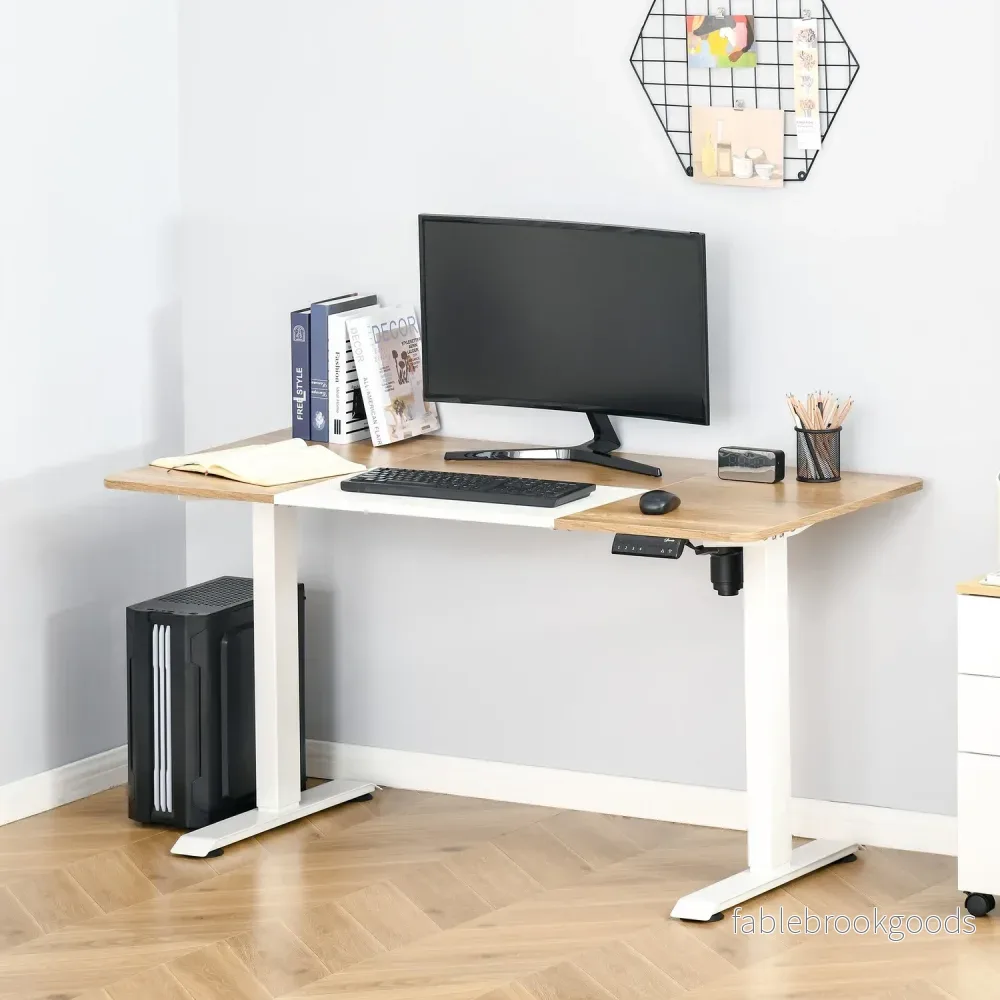 Höjdjusterbart elektriskt stående skrivbord – metallram, natur & vit - Bild 2